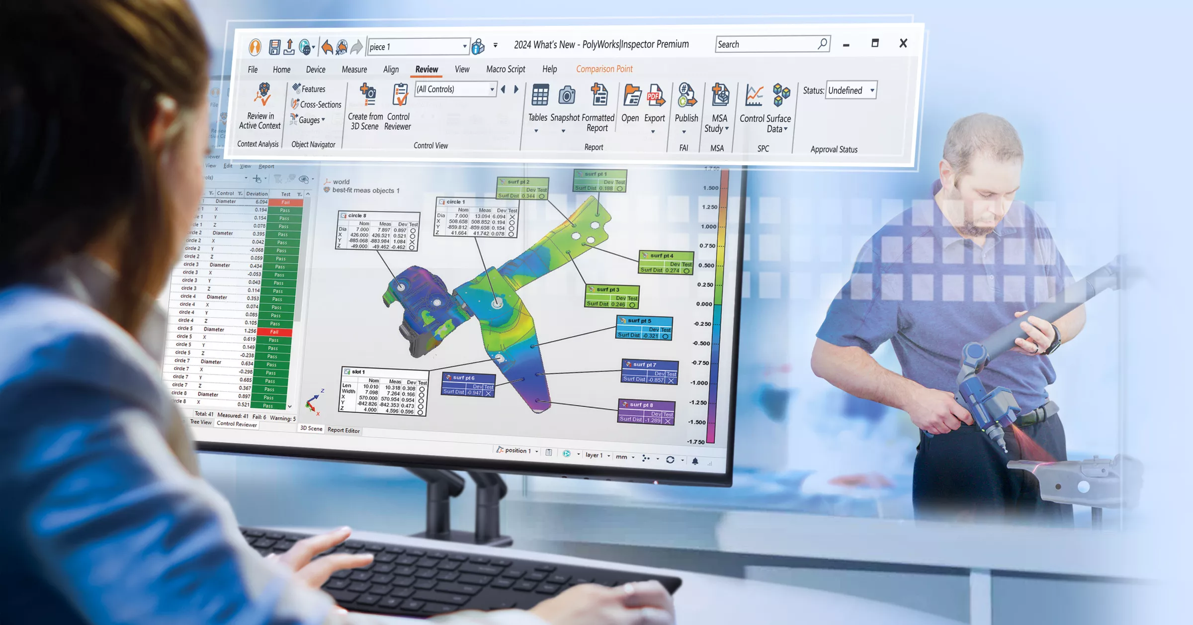 O menu da faixa de opções do PolyWorks|Inspector 2024, novas interfaces e barras de ferramentas otimizam o fluxo de trabalho.